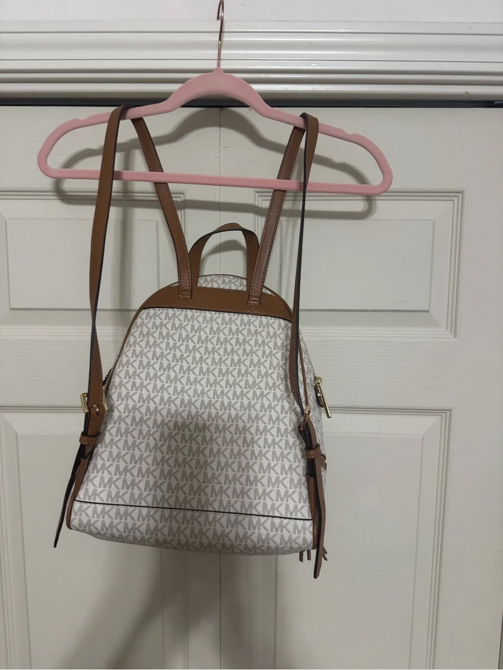 Michael Kors Cream MK Logo Mini Backpack with Brown Trim and Gold Hardware